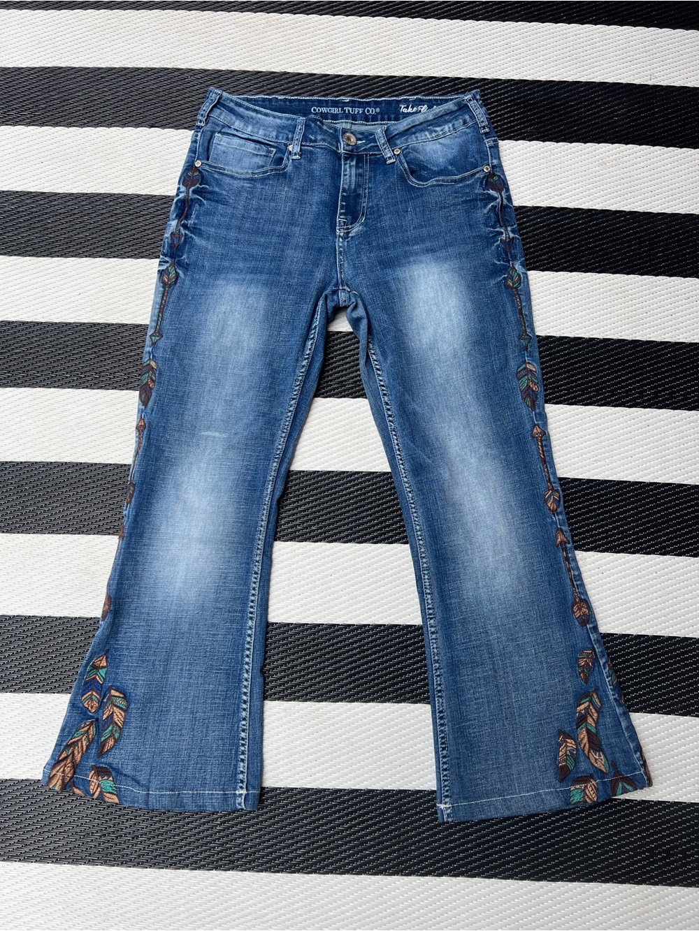 Cowgirl Tuff Blue Denim  Jeans with Embroidered feathers